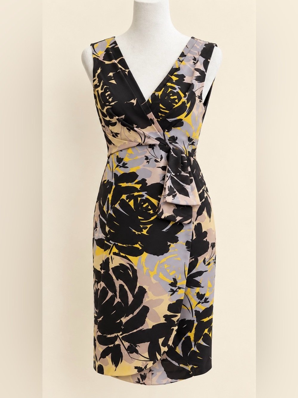 Banana Republic Floral Faux Wrap Sheath Dress 2 Black Yellow Sleeveless